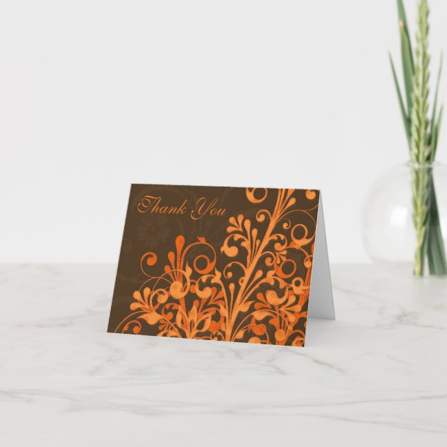 Orange Brown Floral Fall Wedding Thank You Card (Front)