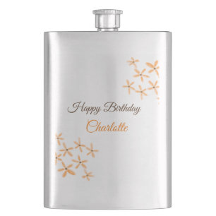 Orange brown flower happy birthday add name cutie hip flask