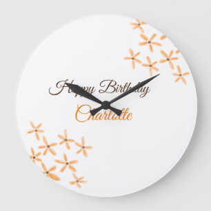 Orange brown flower happy birthday add name cutie  large clock