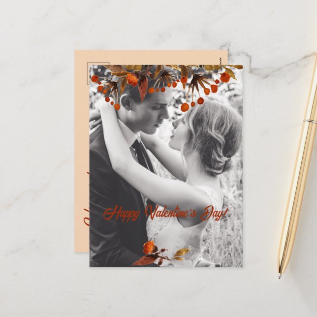 Orange Brown Foliage Valentine Add Your Own Photo Holiday Postcard (Front/Back In Situ)
