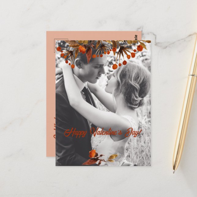 Orange Brown Foliage Valentine Add Your Own Photo Postcard (Front/Back In Situ)