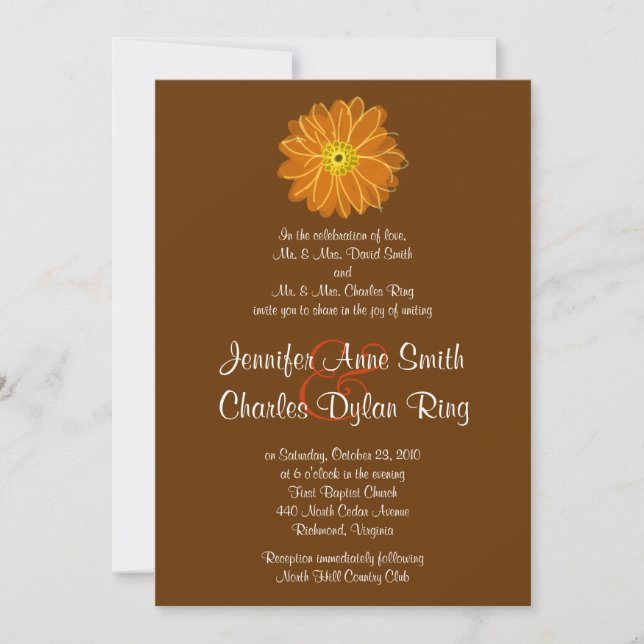 Orange & Brown Gerber Daisy Wedding Invitation (Front)