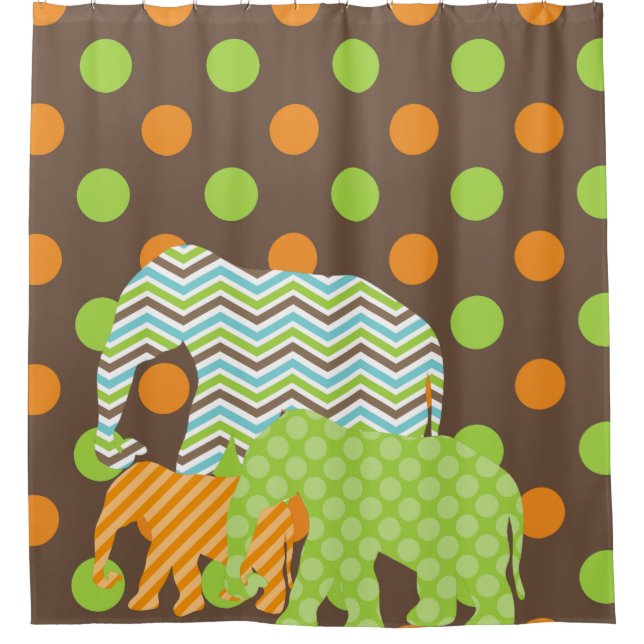 Orange, Brown, Green, Blue Elephant Trio Shower Curtain (Front)