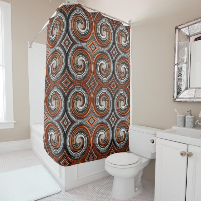 Orange Brown Grey Abstract Swirl Pattern Shower Curtain (In Situ)