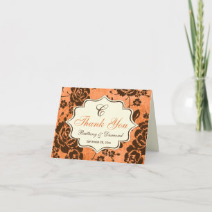 Orange Brown Ivory Floral Damask Thank You Card