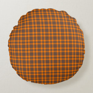 Orange Brown Plaid Pattern Round Cushion