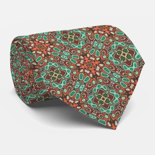 Orange Brown Red Turquoise Green Orient Bali Art Tie (Rolled)
