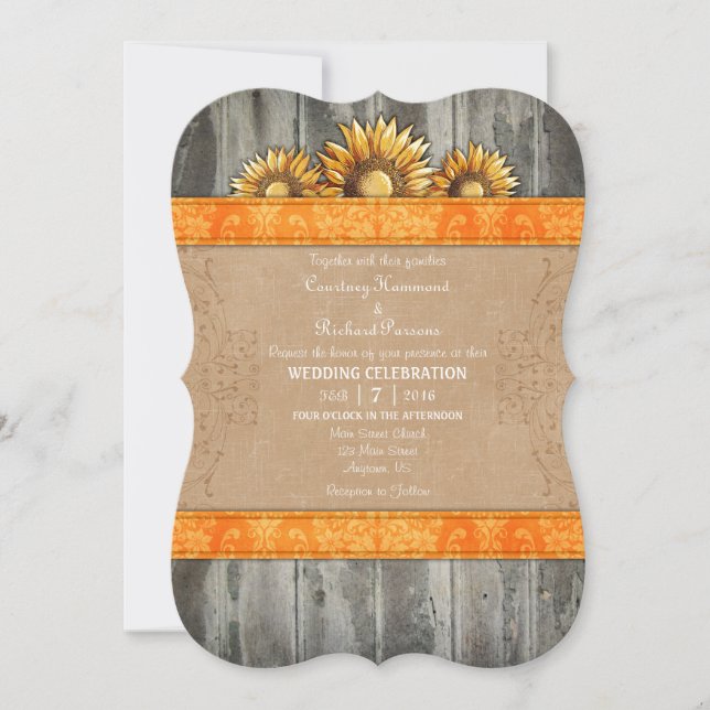 Orange Brown Rustic Sunflower Wedding Invite (Front)