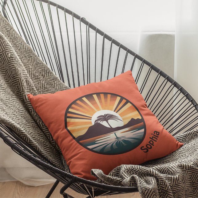 Orange Brown Sun Ray Palm Tree Throw Pillow (Creator Uploaded)