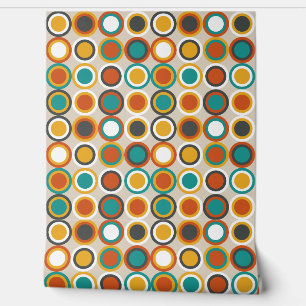 Orange Brown Teal Blue Mid Century Circles Pattern Wallpaper