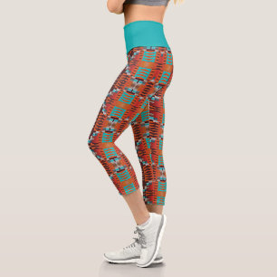 Orange Brown Turquoise Blue Ethnic Mosaic Pattern Capri Leggings