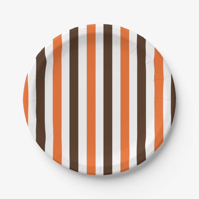 Orange Brown Vertical Stripes Pattern Party Paper Plate (Front)
