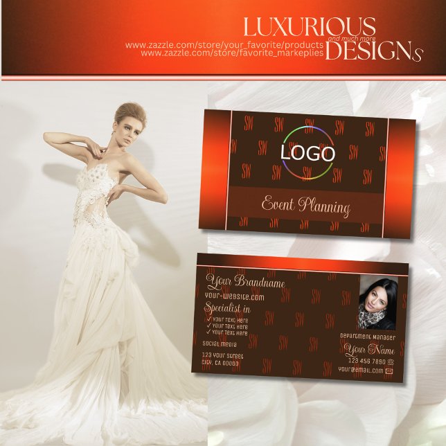 Orange Brown with Logo Photo and Monogram Pattern Business Card (Creator Uploaded)