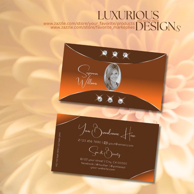 Orange Brown with Silver Decor Jewels and Photo Business Card (Creator Uploaded)