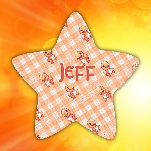 Orange Buffalo Check with Dinosaurs and Monogram | Star Sticker (Creator Uploaded)
