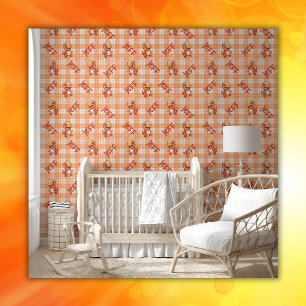 Orange Buffalo Check with Dinosaurs and Monogram   Wallpaper