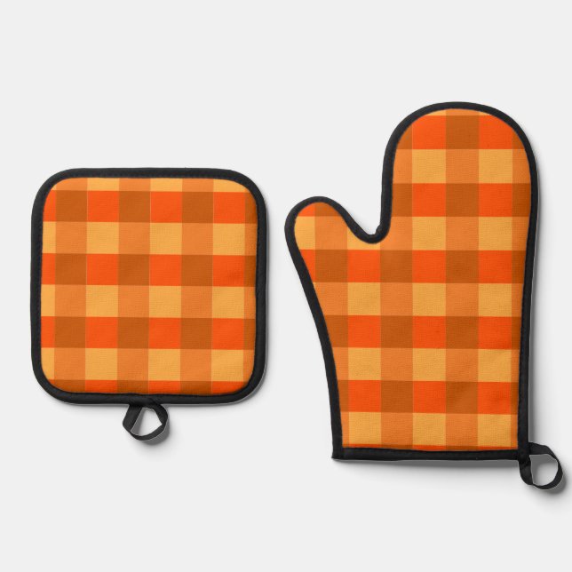 Orange Buffalo Plaid Gingham Chequered Oven Mitt & Pot Holder Set (Front)