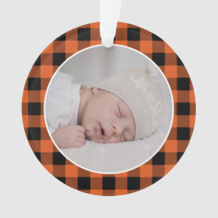 ORANGE BUFFALO PLAID NAME Photo Christmas Keepsake Ornament