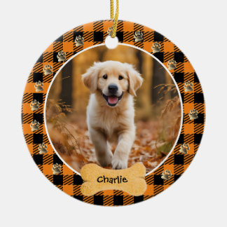 Orange Buffalo Plaid Pattern Gold Pet Print Family Ceramic Tree Decoration