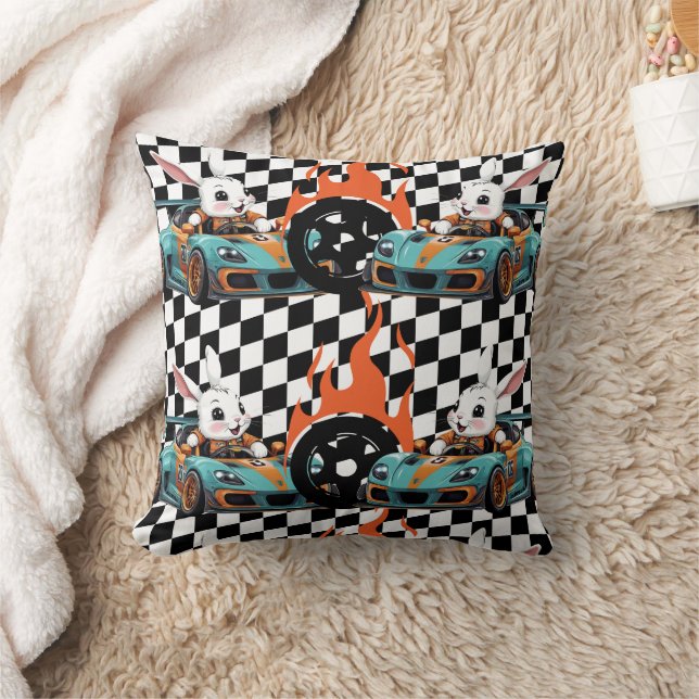 Orange Bunny Car Racer Print Cushion (Blanket)