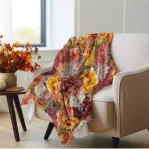 Orange Burgundy Autumn Fall Watercolor Floral Fleece Blanket