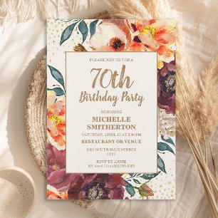 Orange Burgundy Fall Floral Gold Glitter 70th Invitation