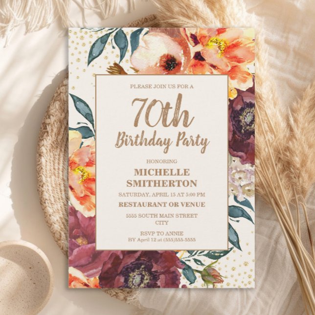 Orange Burgundy Fall Floral Gold Glitter 70th Invitation (Orange and burgundy watercolor floral 70th birthday party invitation)