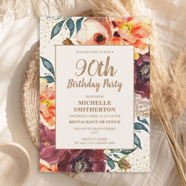 Orange Burgundy Fall Floral Gold Glitter 90th Invitation (Orange and burgundy watercolor floral 90th birthday party invitation)