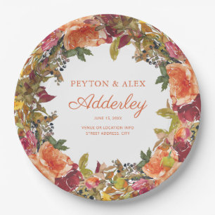 Orange Burgundy Floral Greenery Wedding Reception Paper Plate