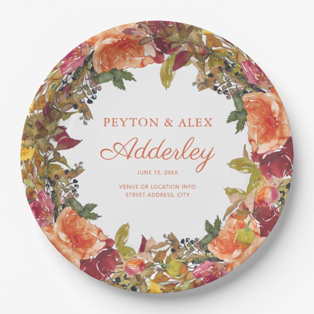 Orange Burgundy Floral Greenery Wedding Reception Paper Plate (Front)