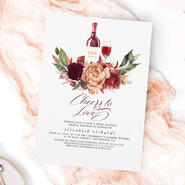 Orange Burgundy Floral Wine Tasting Bridal Shower Invitation (Terracotta Floral Fall Wine Tasting Bridal Shower Invitations - Cheers to Love)
