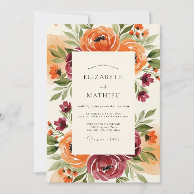 Orange Burgundy Painterly Floral Wedding Invitation (Front)