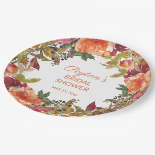Orange Burgundy Rust Floral Bridal Shower Paper Plate