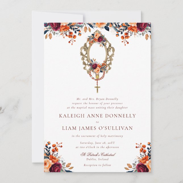Orange Burgundy Rustic Floral Catholic Wedding Invitation (Front)