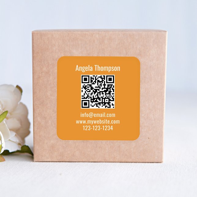 Orange Business QR Code Custom Basic Square Sticker (Business product sticker label with QR code template. )