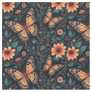 Orange Butterflies and Flowers Fabric