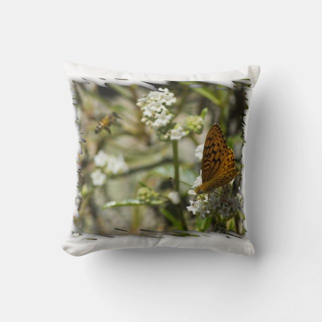 Orange Butterfly and Bee White Edge Cushion (Front)