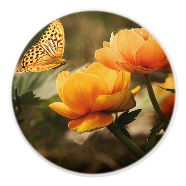 Orange Butterfly and Flowers Ceramic Knob (Front)