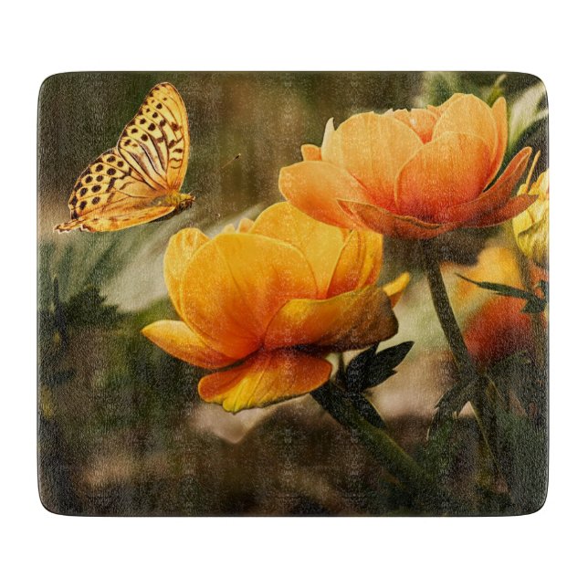 Orange Butterfly and Flowers Cutting Board (Front)