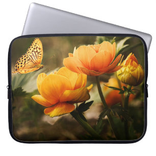Orange Butterfly and Flowers Laptop Sleeve