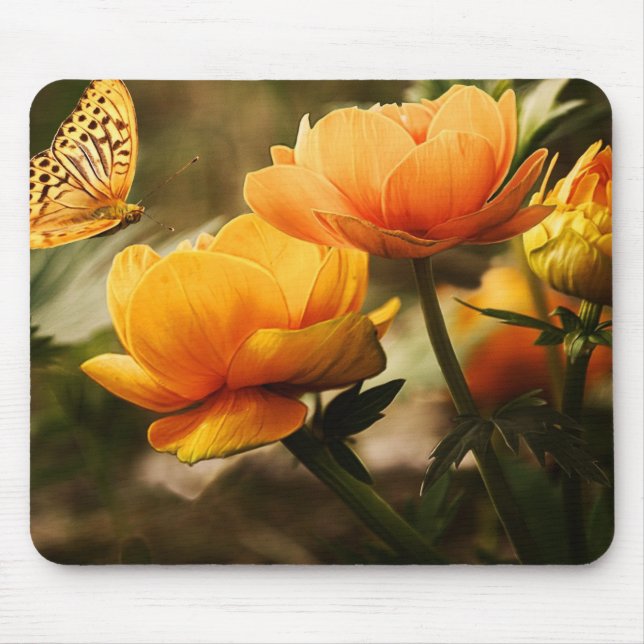 Orange Butterfly and Flowers Mouse Pad (Front)