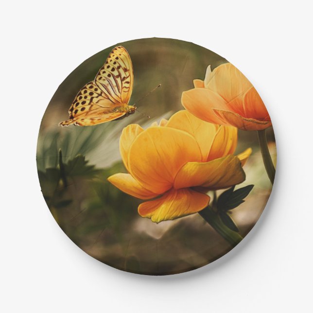 Orange Butterfly and Flowers Paper Plate (Front)