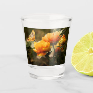 Orange Butterfly and Flowers Shot Glass