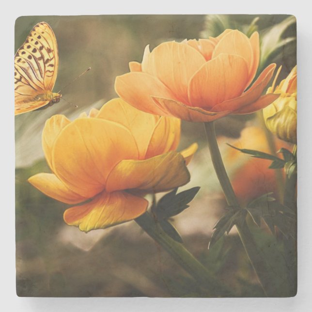 Orange Butterfly and Flowers Stone Coaster (Front)