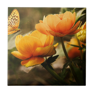 Orange Butterfly and Flowers Tile