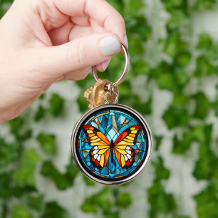 Orange Butterfly Blue Stained Glass Key Ring