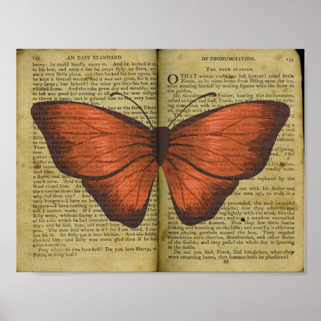 Orange Butterfly Drawing on Old Book Page Poster (Front)
