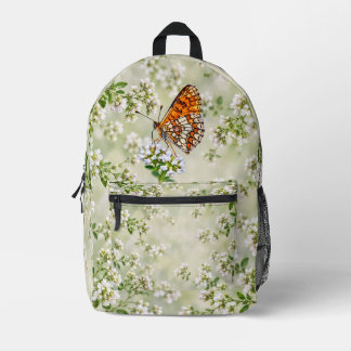 Orange Butterfly on Delicate White Flowers Printed Backpack