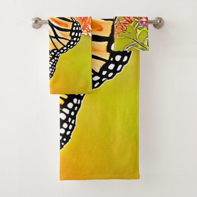 Orange Butterfly on Pink Blossom Design Bath Towel Set (Insitu)