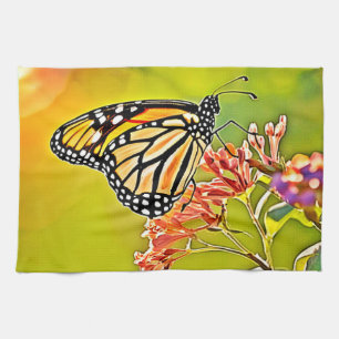 Orange Butterfly on Pink Blossom Design Tea Towel